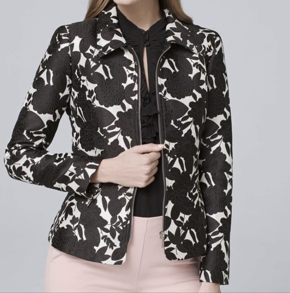 White House Black Market Womens Jacket Floral Brocade Zip Classic Quiet Luxury 6